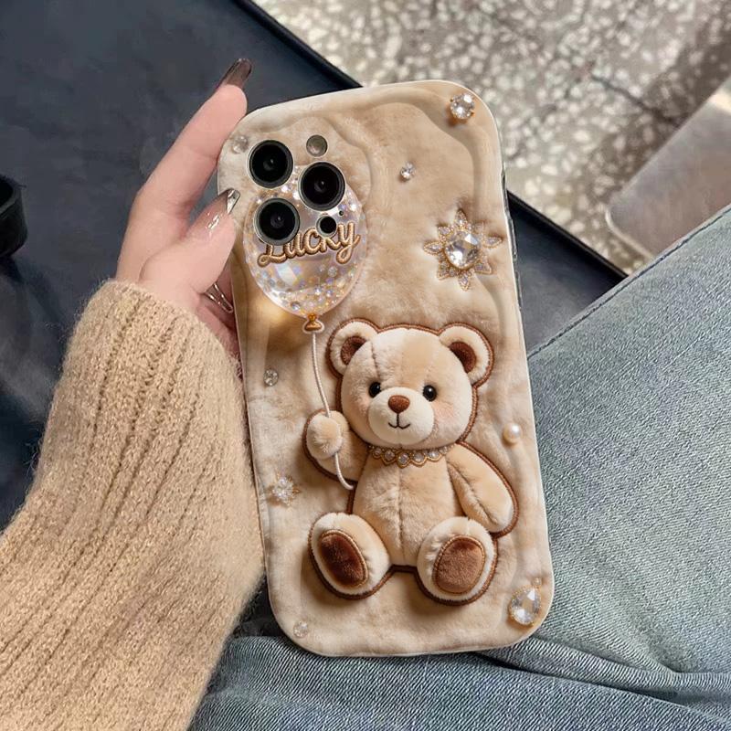 Cute Cartoon Teddy Bear Pattern Wavy Edge Phone Case For iPhone 17 Air 16 16E 15 14 13 12 11 Pro Max XS XR X 15 14 Plus Cover