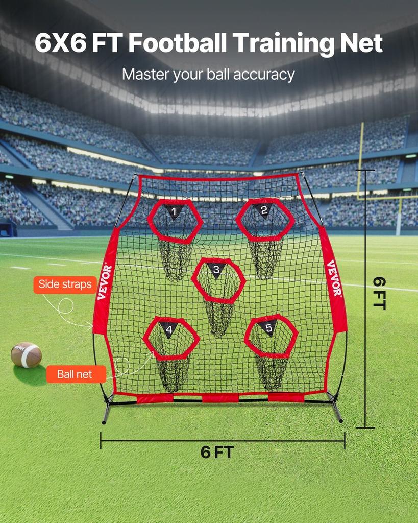 1828.8x1828.8mm Football Trainer Throwing Net, Training Throwing Target Practice Net with 5 Target Pockets, Knotless Net Includes Straps and Portable