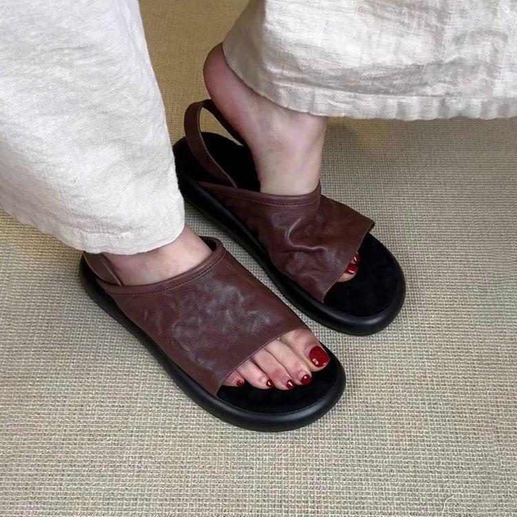 Soft leather version! Sandals women's summer fashion versatile black round head open toe comfortable soft sole back strap Roman shoes