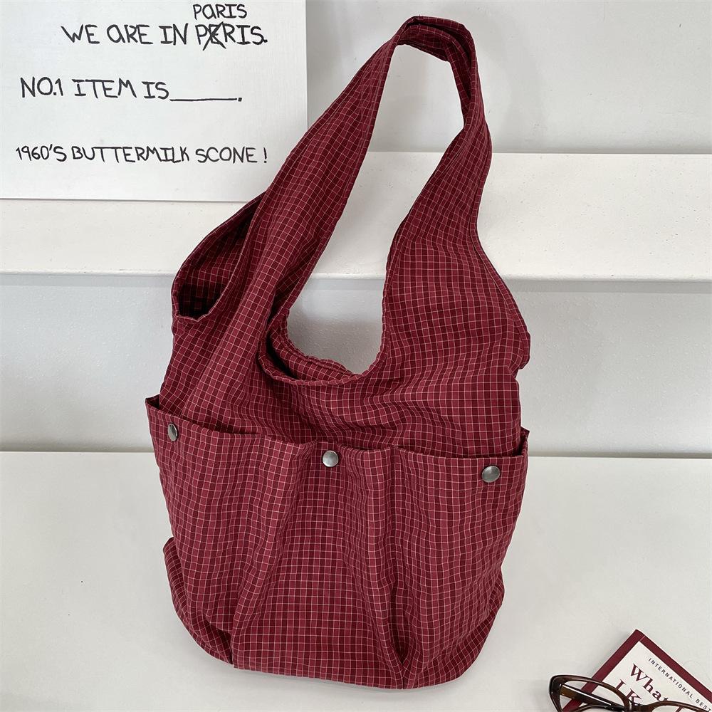 Vintage Checker Pattern Large Capacity Tote Bag Multi Pocket Design Shoulder Bag Korean Style Hand Carry Bag for Women Use красный
