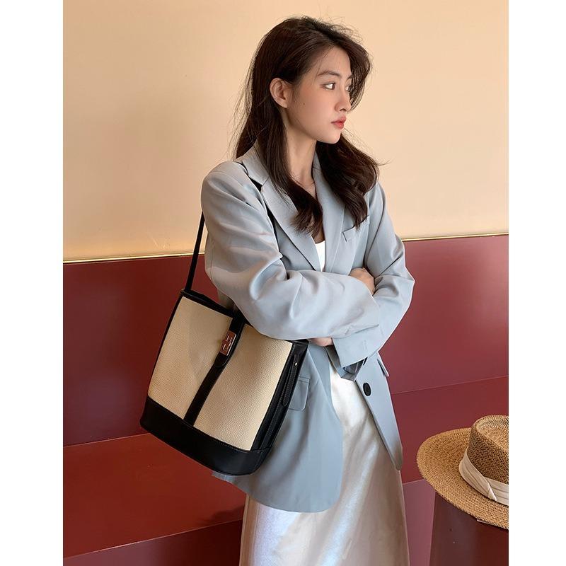 Cowhide Handbag Leather Bag Generation Contrasting Color Splicing Shoulder Bag Large-capacity Commuter Bucket Bag OEM