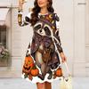 Women Plus Size Round Neck Long Sleeve Flared Dress Gothic Raven Pumpkin Rose Print Halloween Autumn Casual Dress