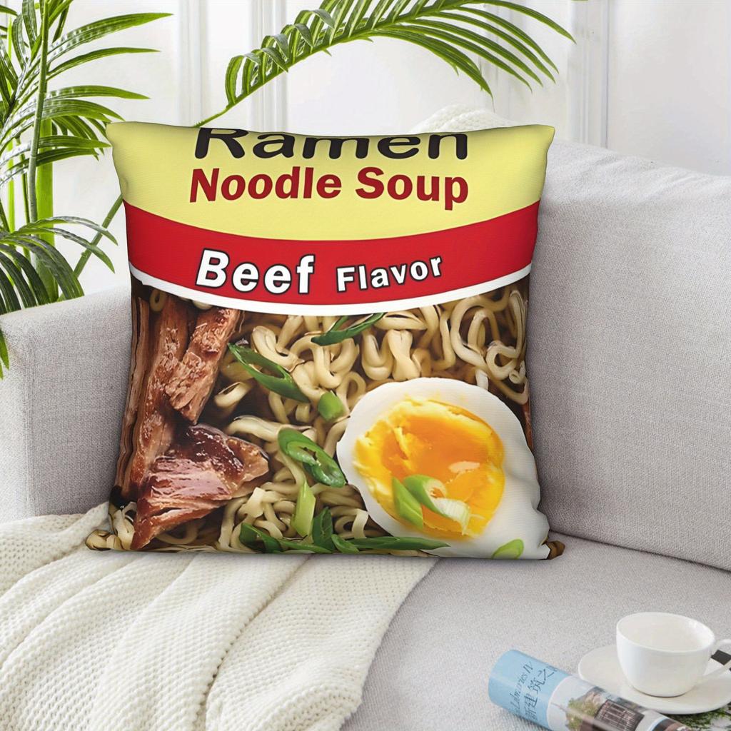 Vintage Ramen Beef Flavor Cushion Cover, Zippered Soft Durable Machine Washable Pillowcase, Food Themed Design For Living Room B
