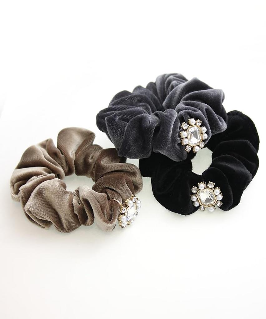 VINGTAINE Velvet Scrunchie with Antique Cute and Stylish Hair Present Beads, Style, Accessory, Gift, (HS-188-GY)