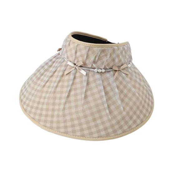 

Sun Hat Checkered Design Empty Top Full Face Sun Protection Large Eaves Hat with Bowknot Faux Pearls Decor Summer Travel Hat хаки