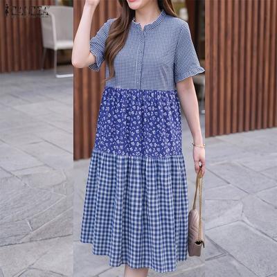 Women Casual Round Neck Loose Short Sleeve Plaid Print Dress