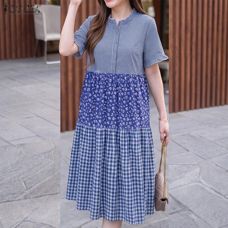 ZANZEA Women Casual Round Neck Loose Short Sleeve Plaid Print Dress