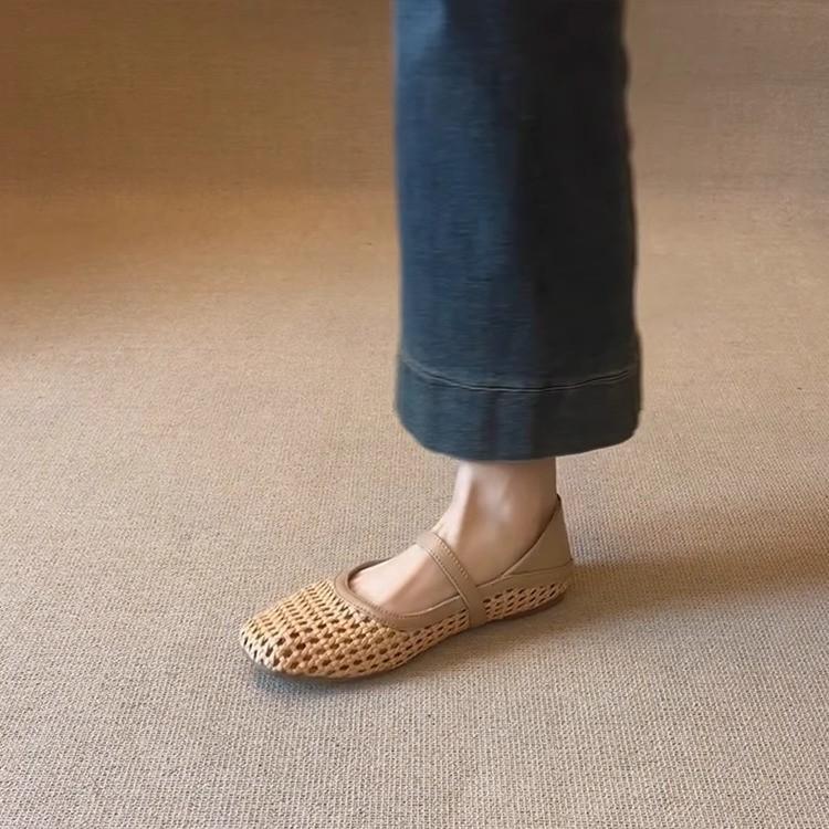 Soft Leather Version~ French Literary and Artistic Style Woven Hollowed-out Outer Wear Breathable Mary Jane Sandals Women's Word with Flat Shoes