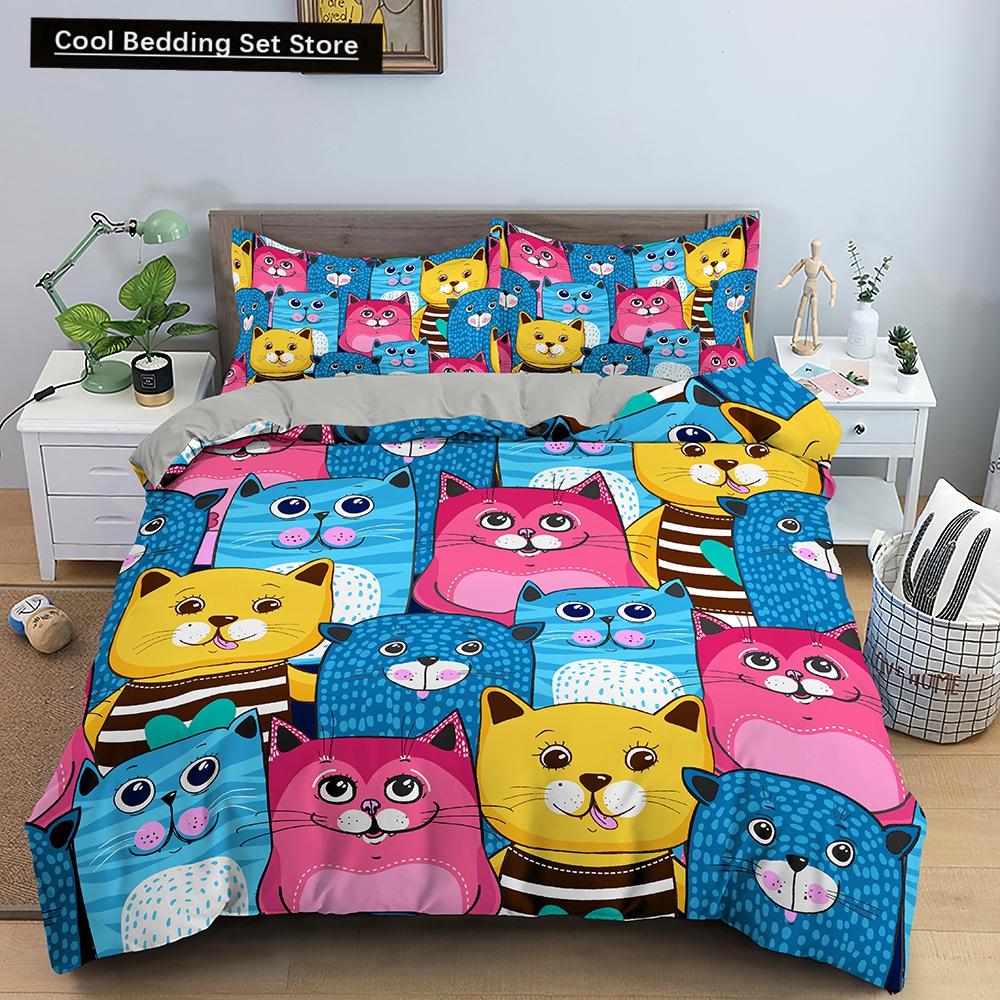 Comforter Cartoon Cat King Queen Colorful Lovely Animal Bedding Set Kids Pet Kitty Soft Polyester Comforter