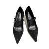 Black Suede Pointed Thick Heel Commuter High Heels Women's 2025 Spring New Year's One-word Buckle Retro Mary Jane Shoes