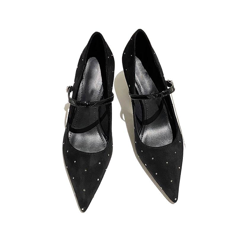 Black Suede Pointed Thick Heel Commuter High Heels Women's 2025 Spring New Year's One-word Buckle Retro Mary Jane Shoes