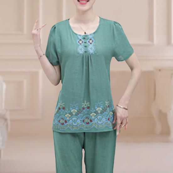2 Pcs/Set Women T-shirt Pants Set Flower Print Round Neck Short Sleeves Elastic Waist Wide Leg Sleeping Loose Button Decor Plus Size Mom Nighty