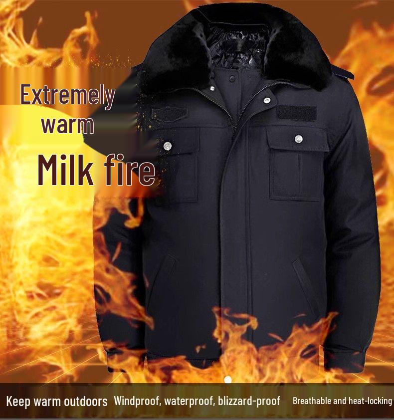 Zimowy mundur służbowy ochrony: Pogrubiony Zestaw Bawełnianej Kurtki i Płaszcza na Ciepło i Ochronę przed Zimnem.