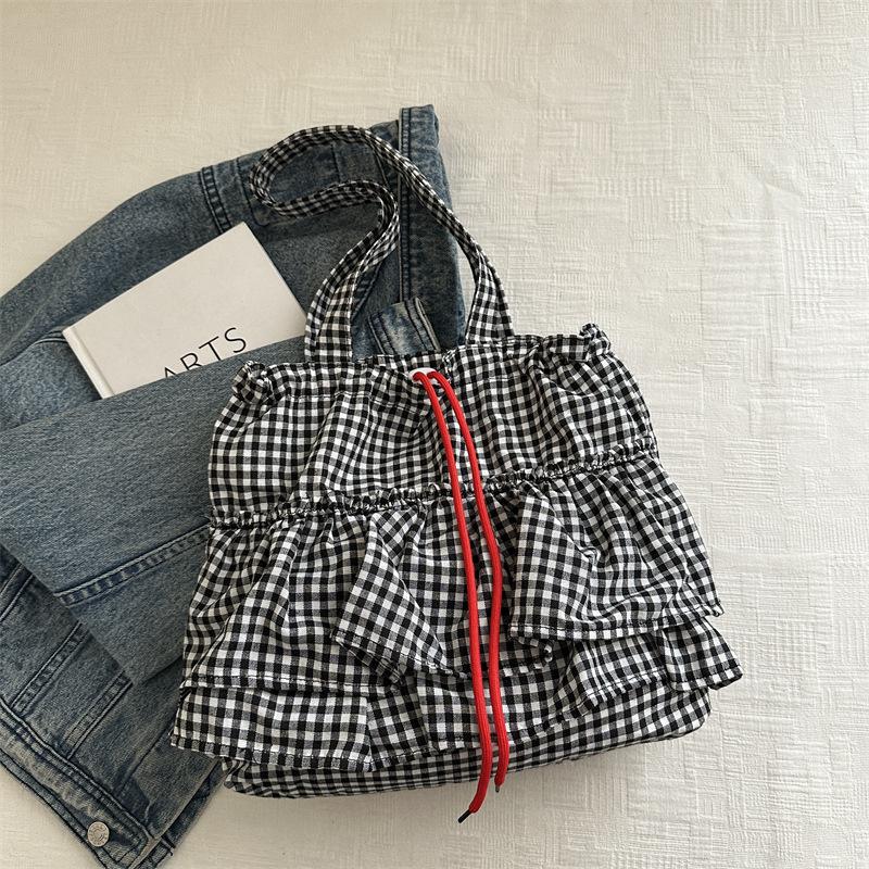 Cute Plaid Cotton Tote Bag Large Capacity Ruffle Handbag Large Capacity Shoulder Bags  Sweet Commuting Bag For Women Gift