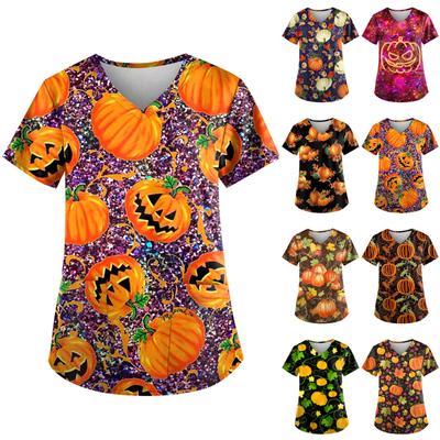 Damen Kurzarm V-Ausschnitt Hallowmas Muster Tops Tasche Arbeits T-Shirts