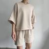 Street Style New Casual Outfit For Women, Short-Sleeved Round-Neck Loose Top + Tie Shorts Two-Piece Set