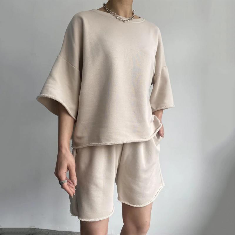 Street Style New Casual Outfit For Women, Short-Sleeved Round-Neck Loose Top + Tie Shorts Two-Piece Set