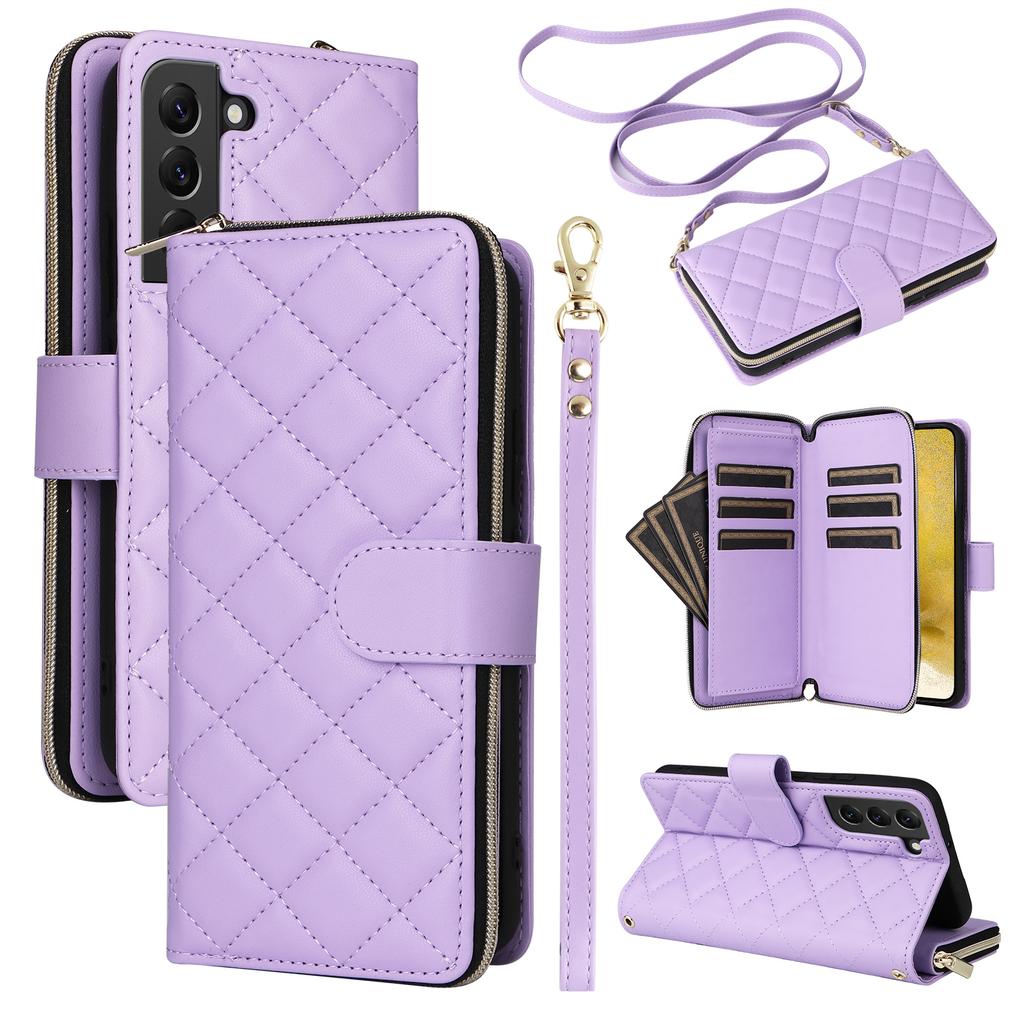 For Samsung Galaxy S22+ 5G Case Rhombus Zipper Pocket Leather Phone Cover with Straps