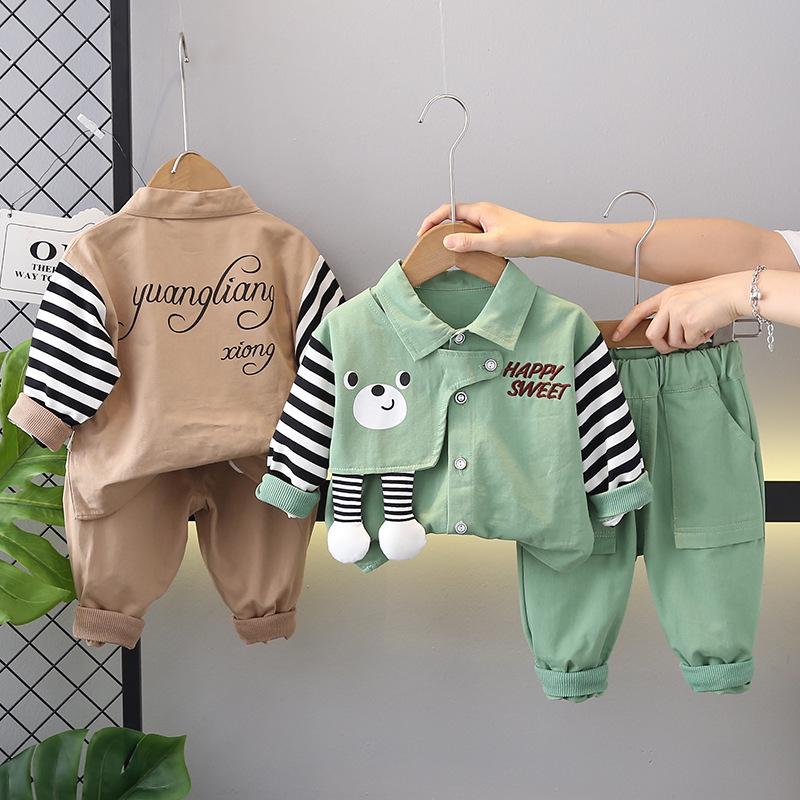 Children's Two-Piece Workwear Set: Boys' Striped Patchwork Long Sleeve Shirt for Spring and Autumn