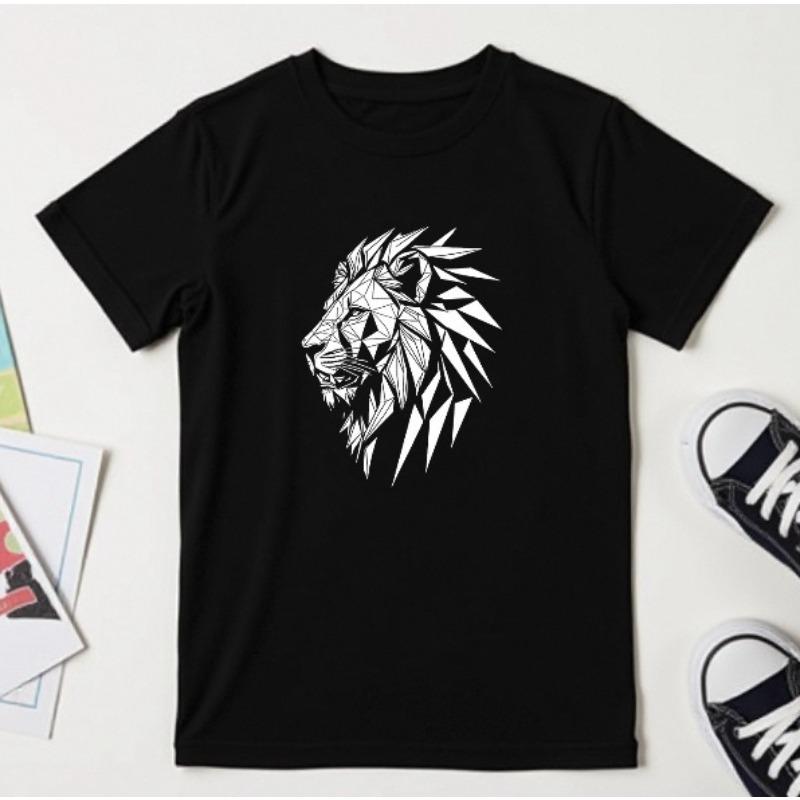 Kids Geometric Lion Head Print Crewneck Breathable Summer Short Sleeve Tee