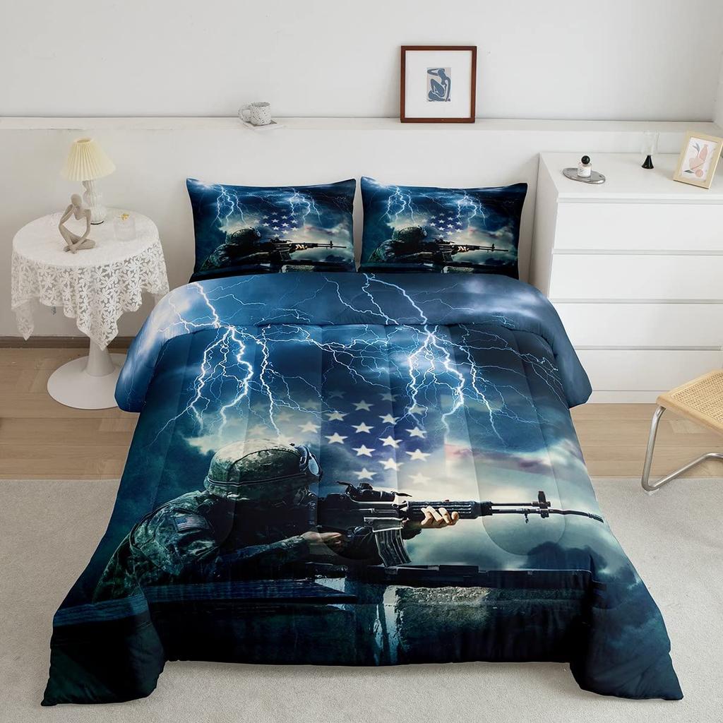 Amerikanischer Soldat Bettbezug Set Einzelbett für Jungen Jugendliche, Amerikanische Flagge Bettdeckenbezug Set, Flugzeug Steppdecke Bettwäschesets Queen-Size