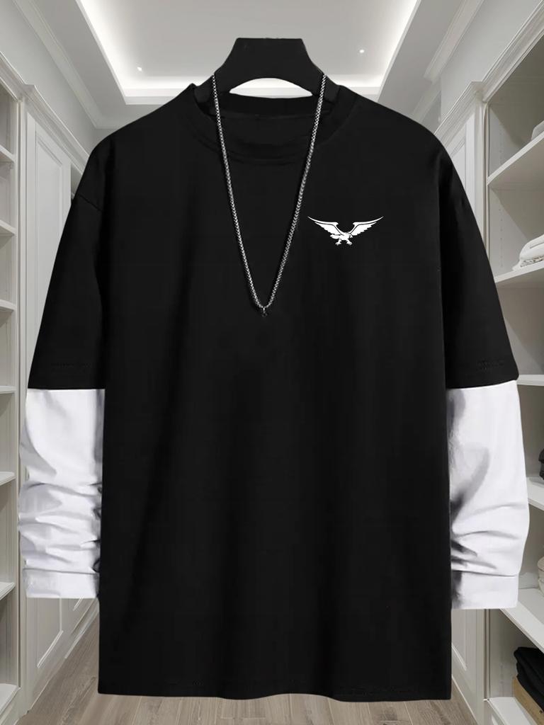 Men's Spliced Long Sleeve Tee, Quick Dry Breathable Tops, Regular Fit for Daily Commute Outdoor Stroll Errands Casual Daily Wear