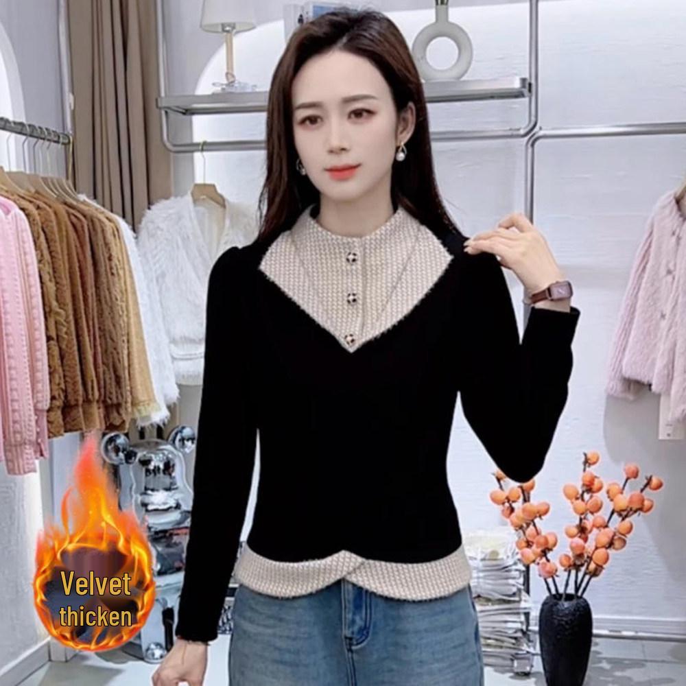 Women's Red French Two-Piece Base Layer Shirt - 2026 Autumn/Winter Stylish Slimming Top