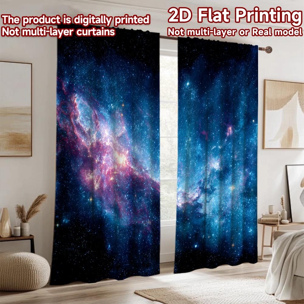 2D Flachdruck 2 Stück Fenstervorhänge Tiefraum Sterne Nebel Digital Bedruckte Polyester Vorhänge Festliche Wanddekoration für Wohnkultur