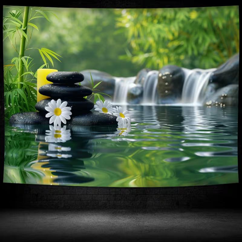 2D Spa Zen Garden Tapestry, Black Massage Stones & Waterfall Wall Art for Home Decor