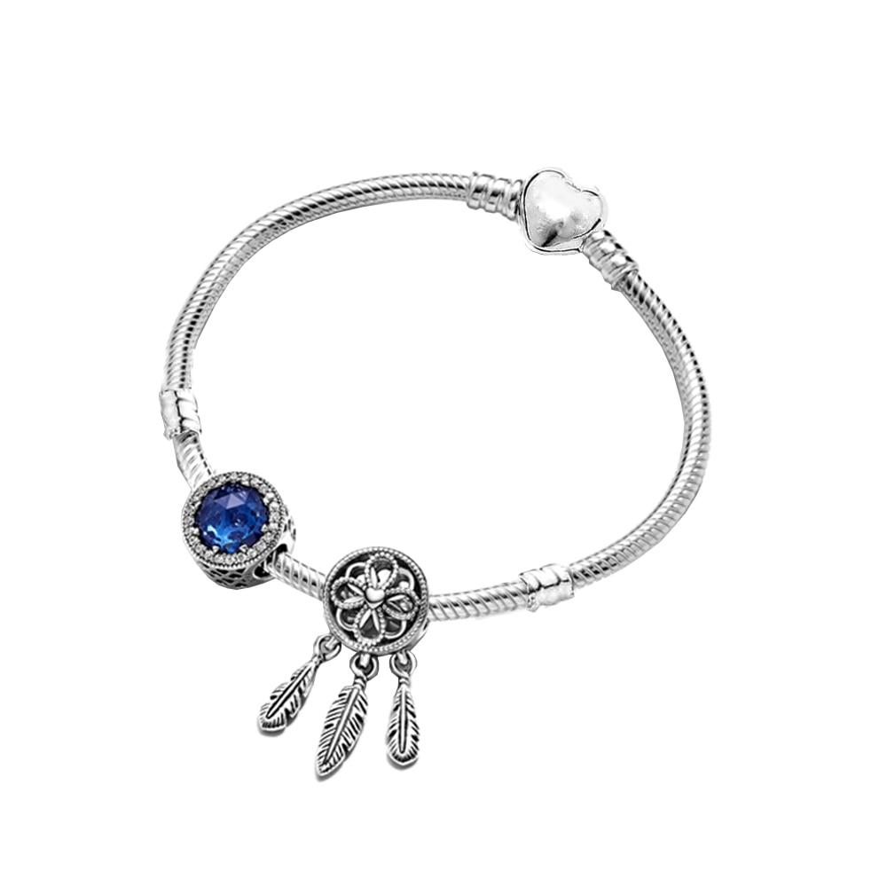 Luxury Jewelry Fasion Moments Heart Clasp Snake Bracelet Sparkling Blue Disc Spiritual Dreamcatcher Charm Gorgeous Elegant
