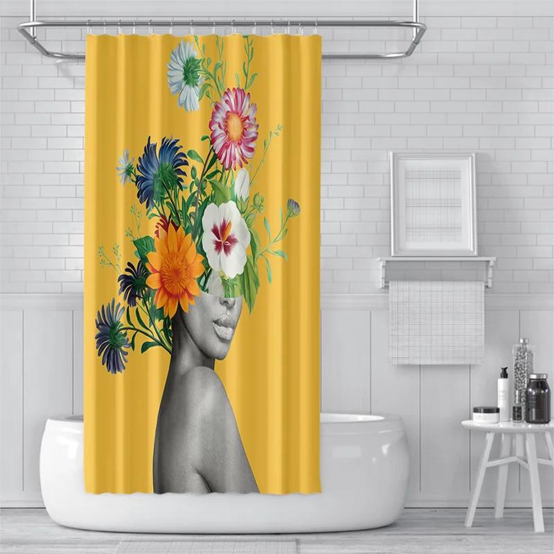 3D Shower Curtain European And American Abstract Figures, Flowers, Toilet Partition Curtains, Simple Curtains With Accessories