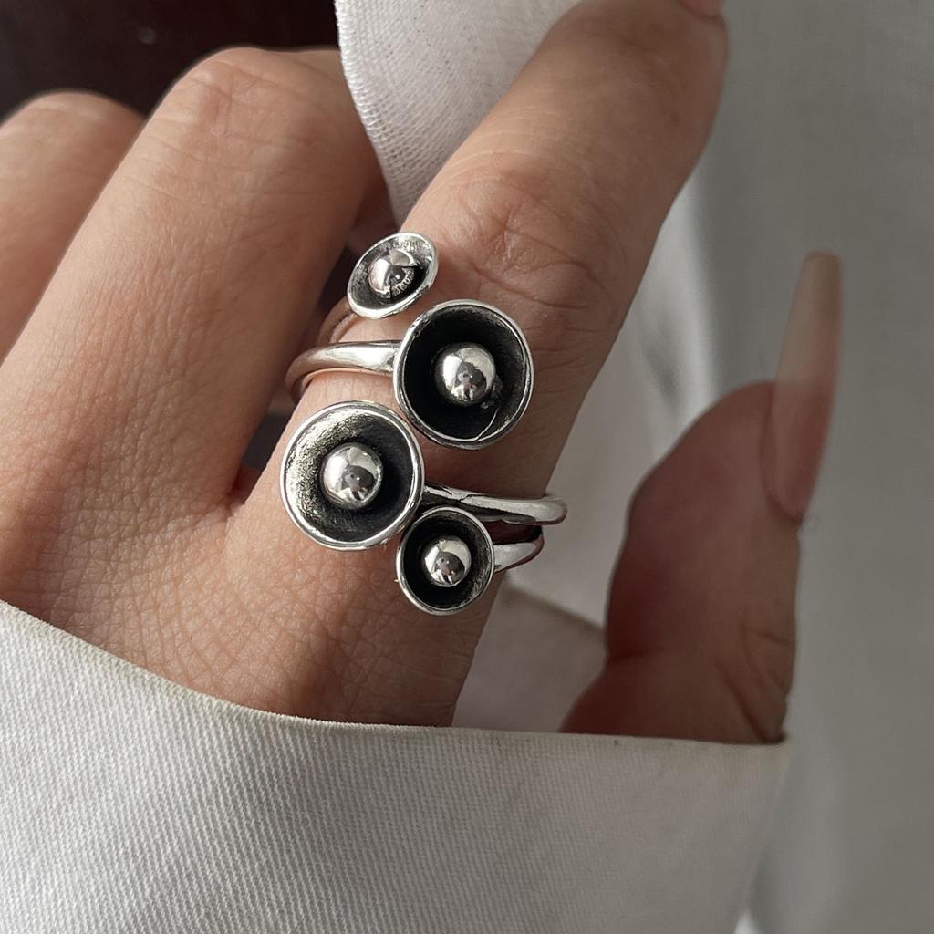 925 Sterling Silver Rings For Women Geometric Fine Jewelry Finger Adjustable Simple Retro Flower Ring For Party Birthday Gift