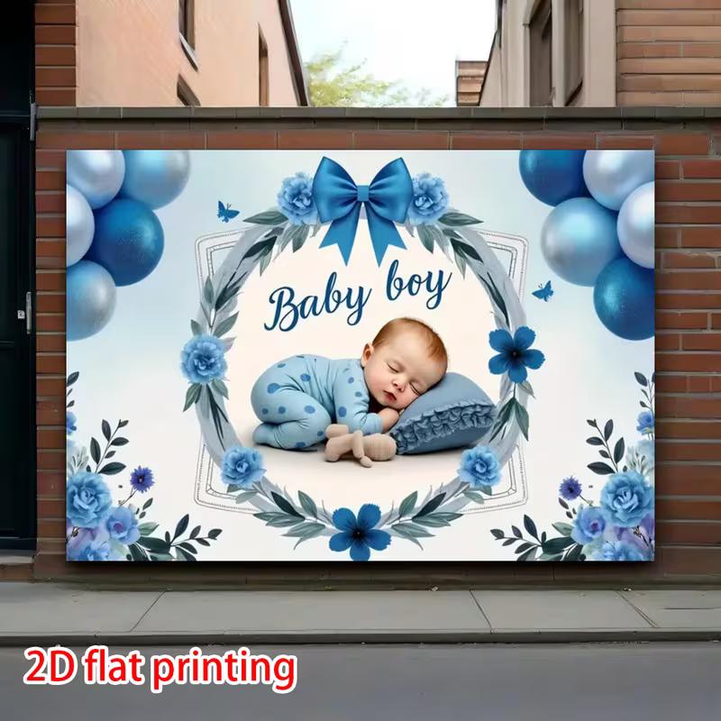 Newborn Boy Welcome Backdrop, Blue Floral Wreath and Balloons Design for Baby Shower Decoration