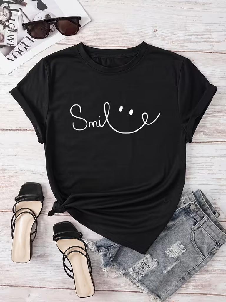 Fun Smiling Letters Pattern Tshirt Soft Breathable Casual Tee Playful Typography Top for Daily Comfort Joyful Street Fashion