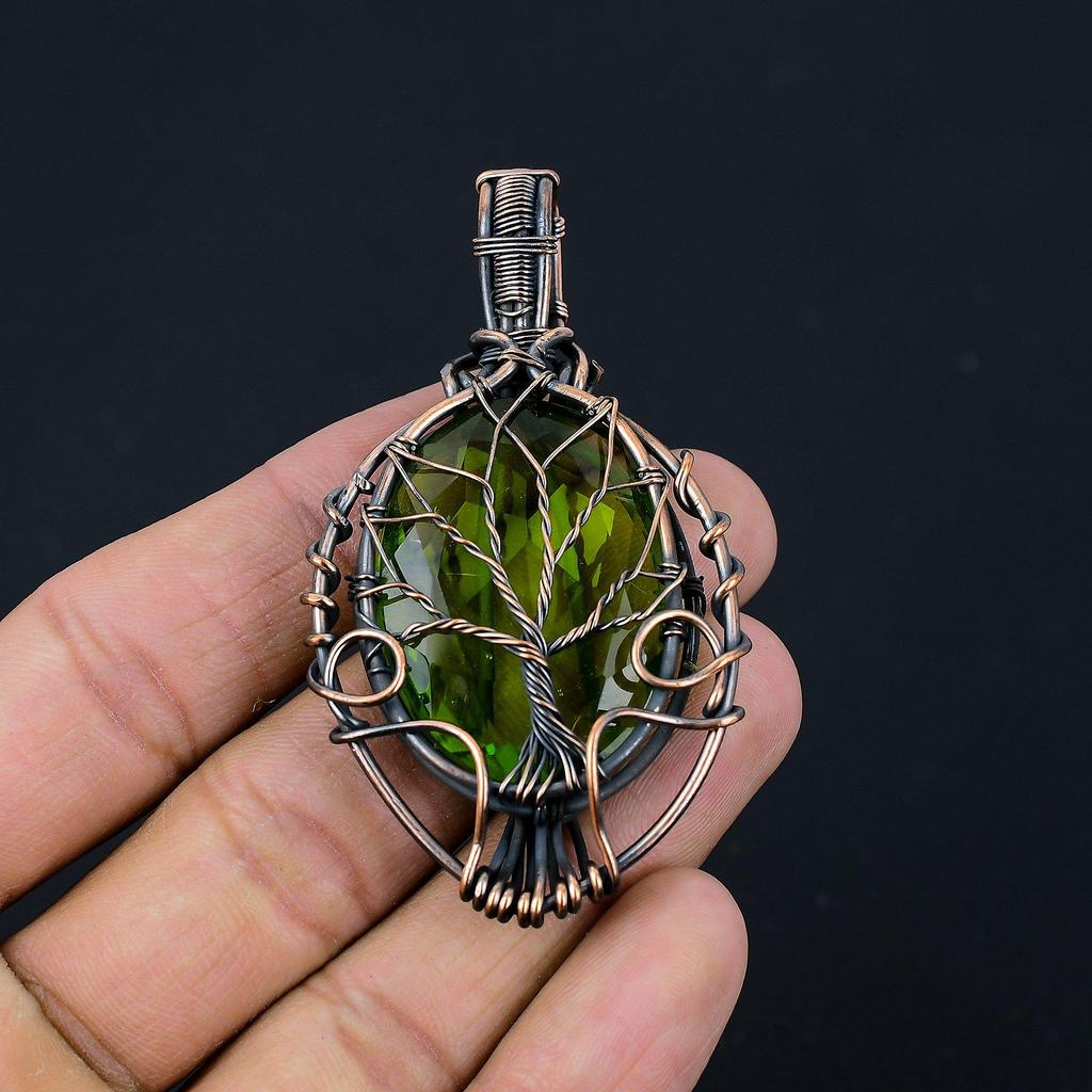 Tree of Life Peridot Gemstone Copper Wire Wrap Handmade Jewelry Pendant Gift For Her