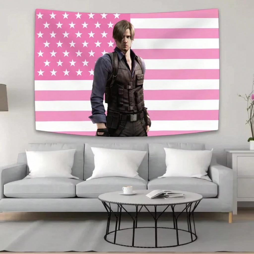 Leon Kennedy Rosa Flagge Wandteppich Einseitiger 2D-Druck Nostalgisches Wandbehang Haus Wohnzimmer Schlafzimmer Studentenwohnheim Zimmer Atmosphäre Dekor Geschenk