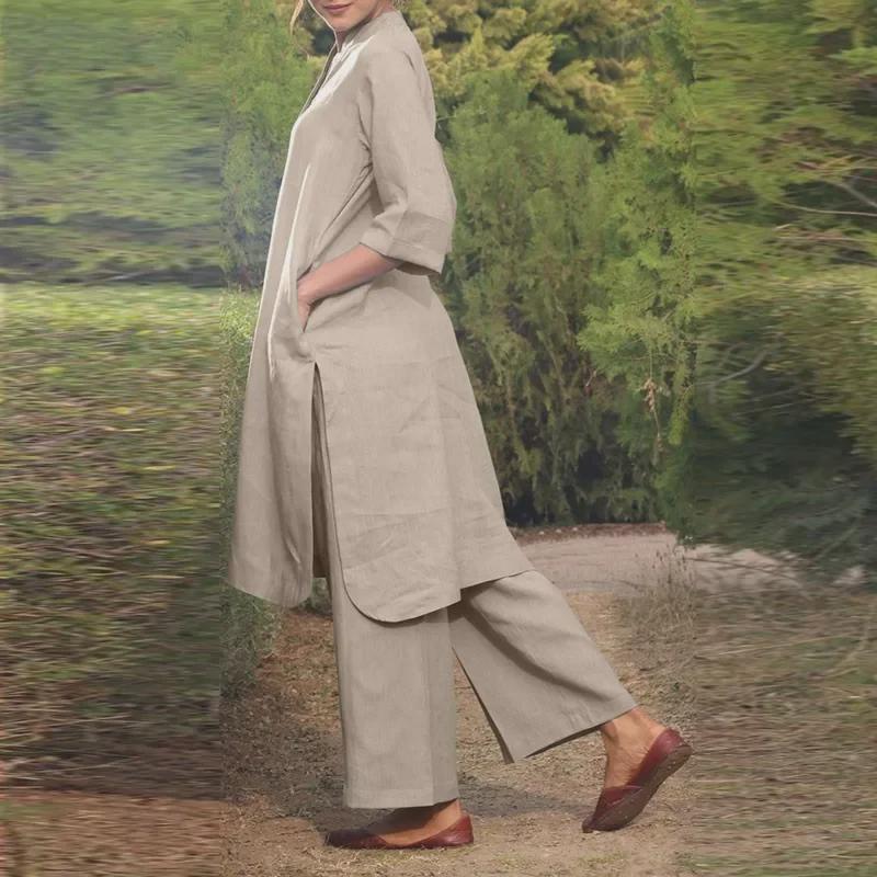 Fashionable Cotton Linen Long Sleeve Casual Drawstring Pants Set