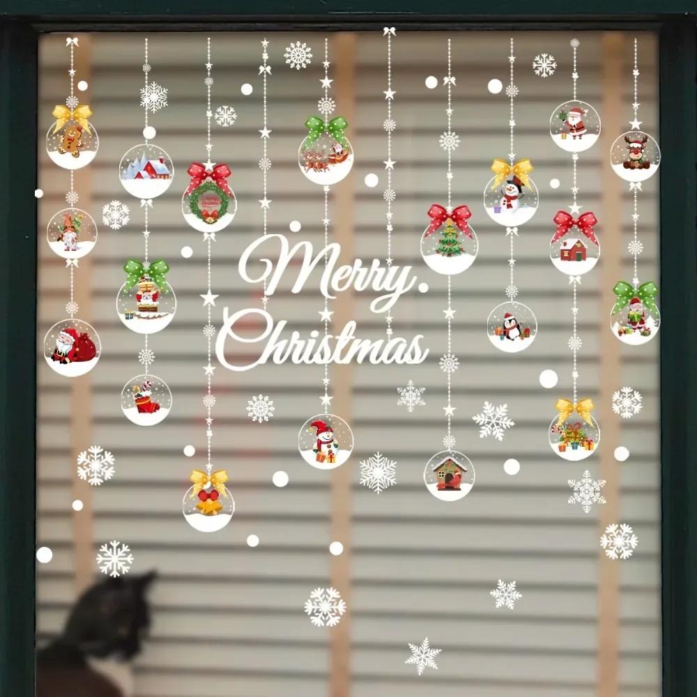 Hanging Christmas Balls Decoration Decals Door Window Removable Self Adhesive Wall Stickers Santa Elk Merry Christmas Wallpaper
