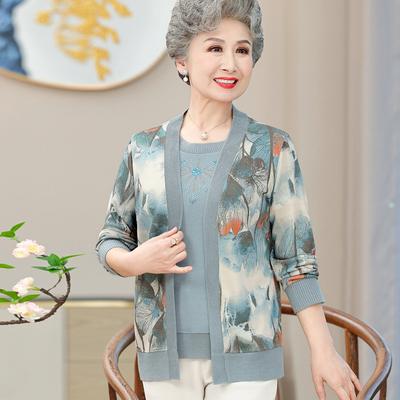 Dameskleding, Oma Nieuwe Gebreide Trui Vroege Herfst Tweedelig Pak 50-jarige 60-jarige Moederkleding, Sjaal Trui Set