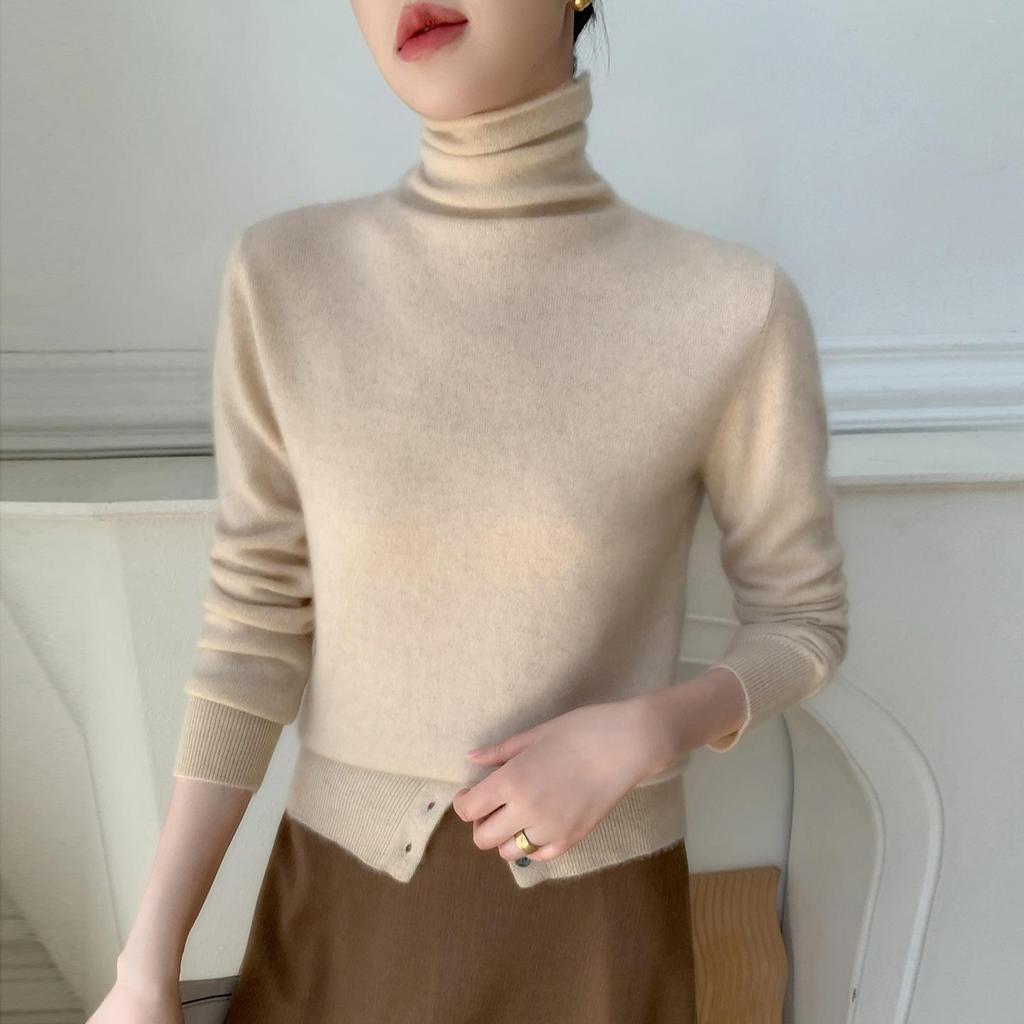2025 A/W Women's Cashmere High Neck Loose Knit Sweater with Rolled Hem
