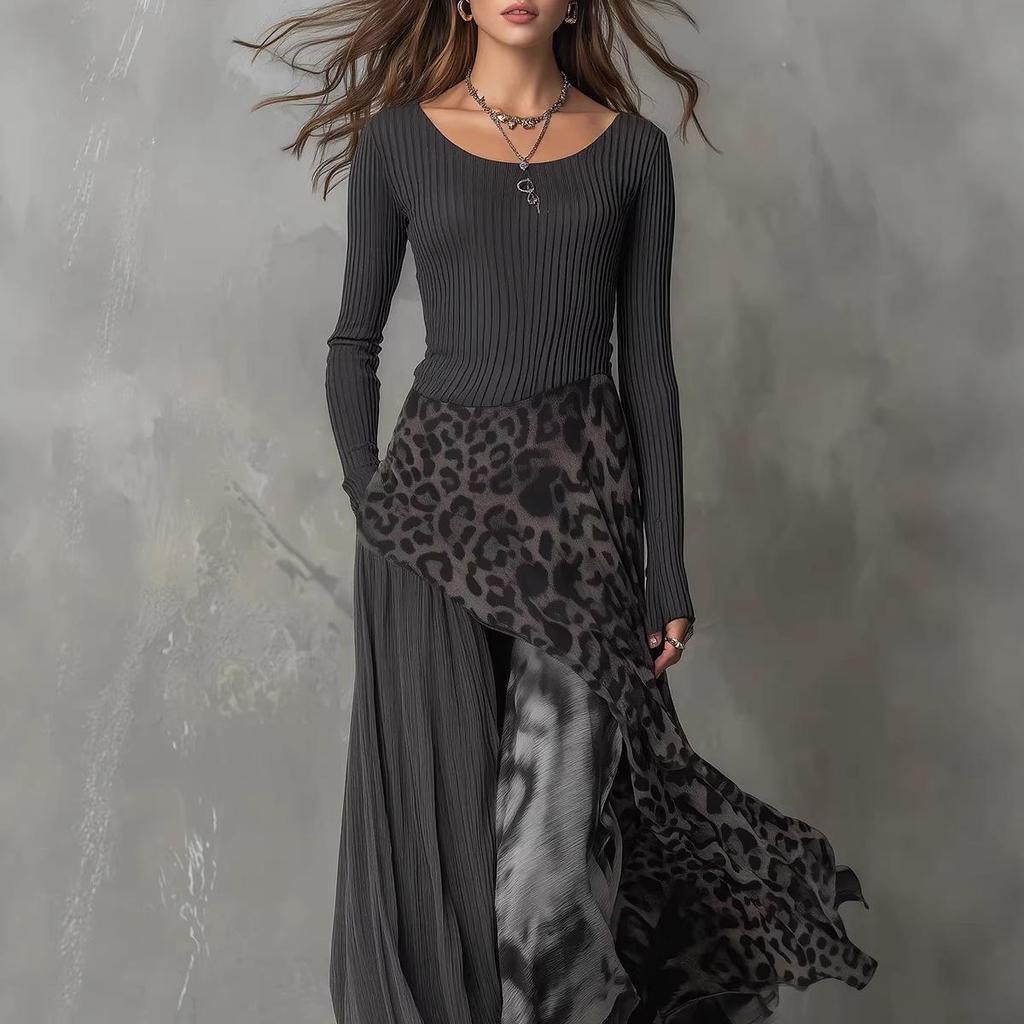 2026 Leopard Print Elastic Waist Wide Hem Casual Dress for Europe and America