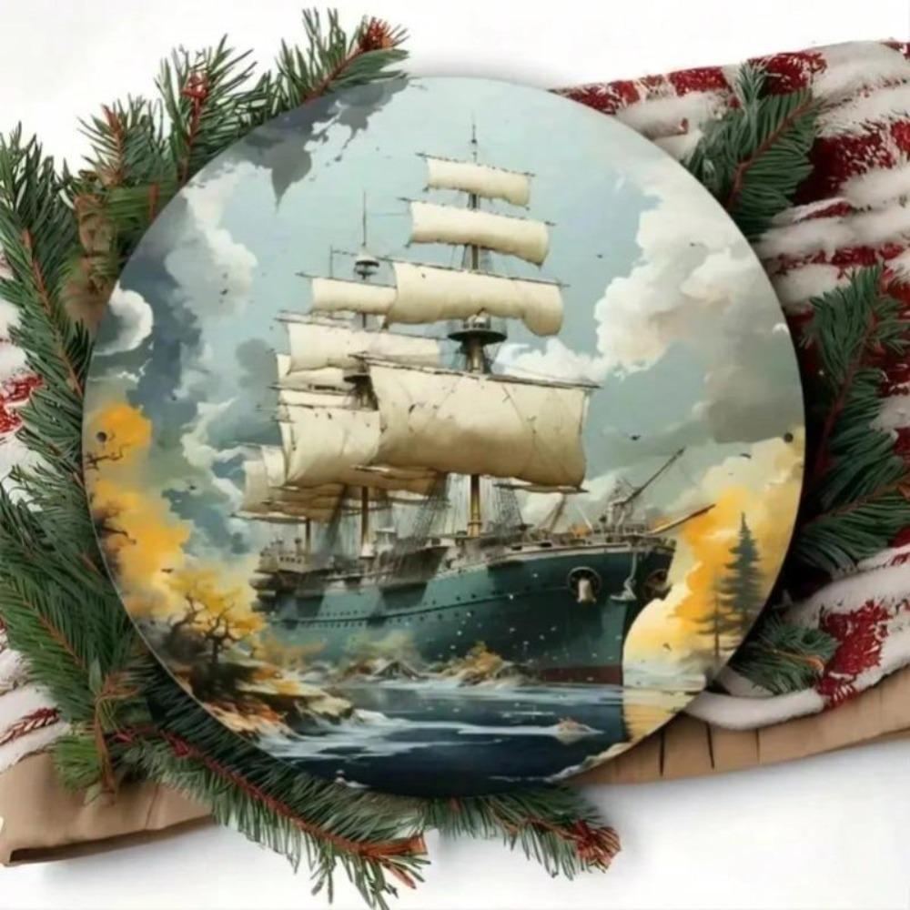 Nautical Ship Stormy Sea Round Metal Wall Art Iron Sign Home Bar Decor