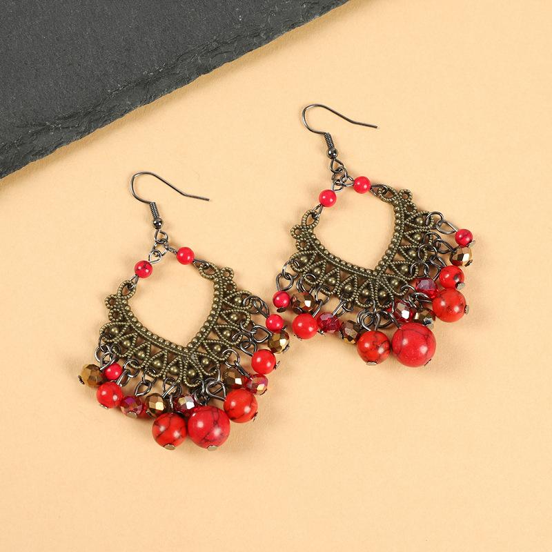 Retro ethnic style fringed earrings blue and red simple long bohemian earrings vacation style women's Tibetan silver earrings