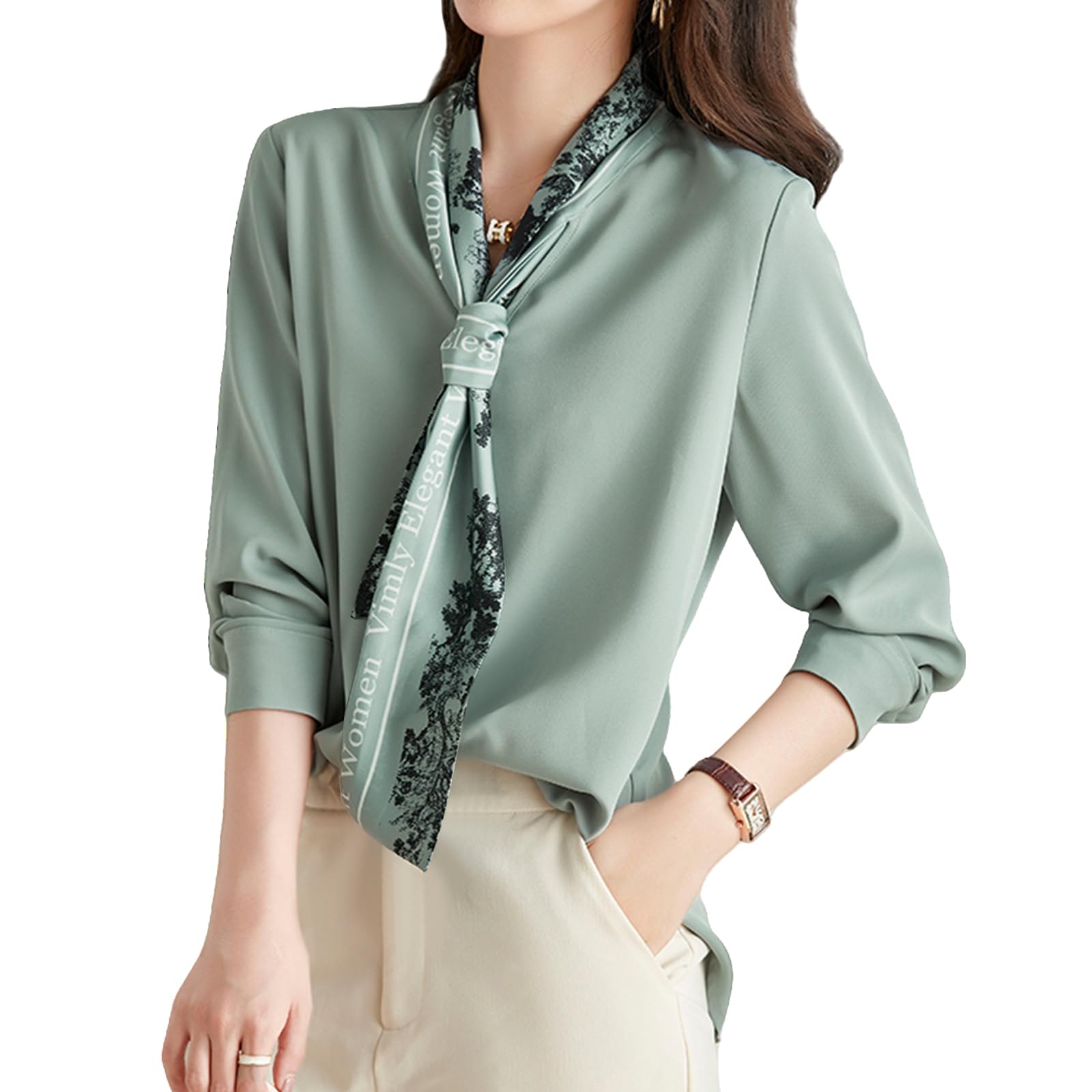 

Блузка из шифона с длинным рукавом, с лентой и бантом, свободного кроя, идеально подходит для повседневной носки и зимы [Leadamon-oee] Женский галстук, V-образный вырез, стильный, элегантный,