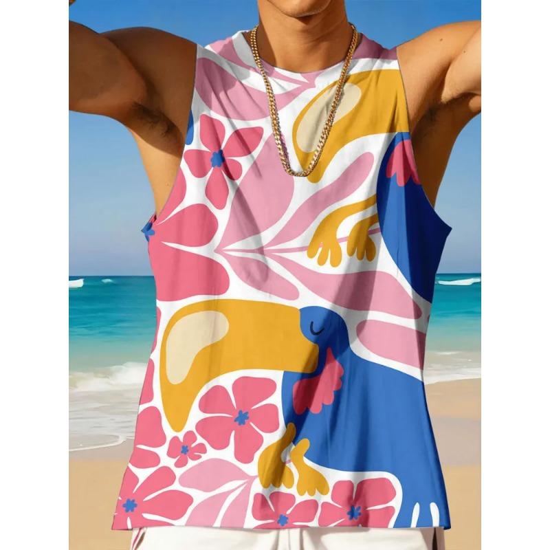 Summer Round Neck 3D Palm Leaf Printed Top Fashionable Casual Hawaiian Beach Sleeveless Vest Men's T-shirts