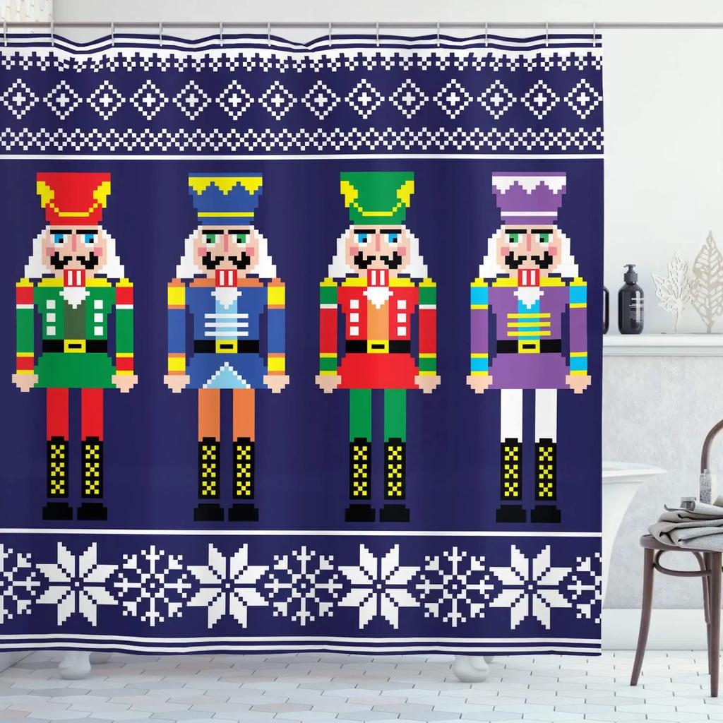Christmas Nutcracker Shower Curtain, Christmas Tree Snowman Bathroom Curtain Decoration Set With Hook Fabric Christmas Gift