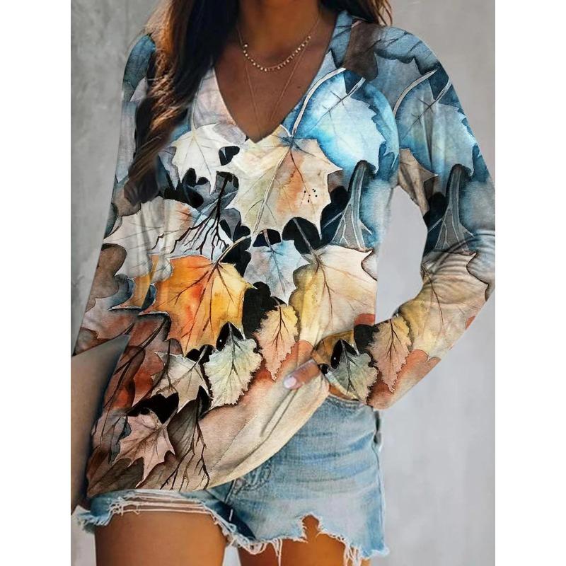 Halloween Pumpkin Ghost Print 3D Graphic Long Sleeve T-Shirt Casual V-Neck Top Polyester Breathable Women's Fashion Apparel