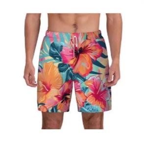 Beach Shorts, Palm Leaves with 3D Pattern for Men, Quick Drying Shorts for Hawaiian Plants