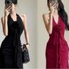 Elegant Red Halter Neck Backless Waist-Cinched Summer Dress for Women