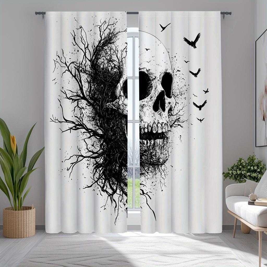 2pcs Classic Gothic Skull and Branches Black and White Polyester Decorative Curtains, Scary Art Design for Home Decor
